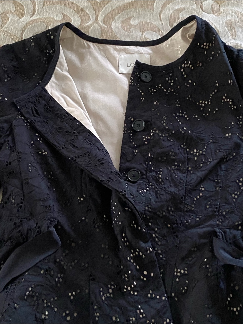 LOFT Eyelet Peplum Jacket Black Tie Waist Cotton Size 10 - Picture 10 of 14